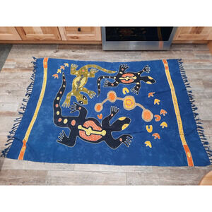 Mexican Embroidery Tablecloth Iguanas Textile Folk Art Animals Bright Tie Dye